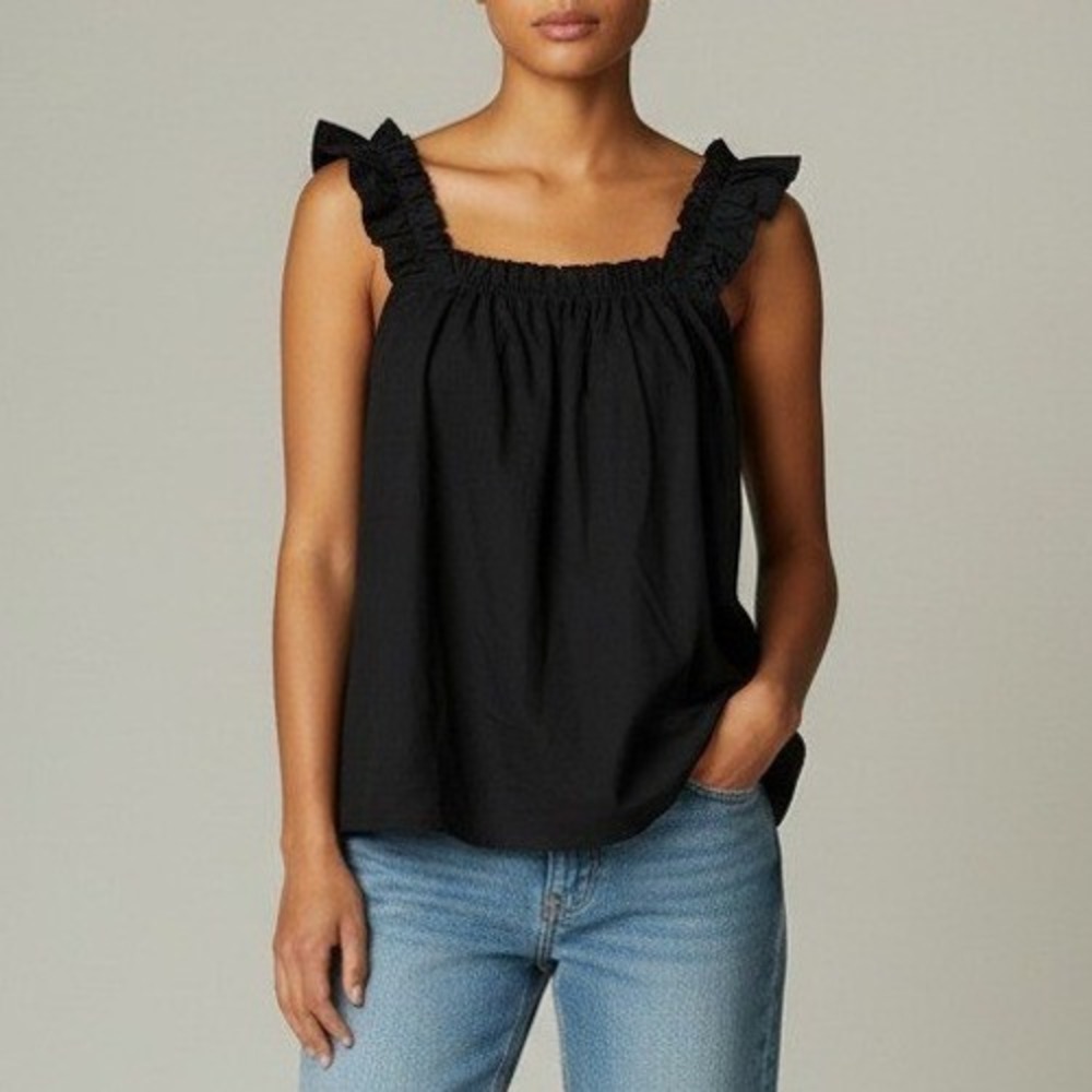 New Commense Women Tank Top L Black Ruffle Strap Linen Blend Babydoll Coquette